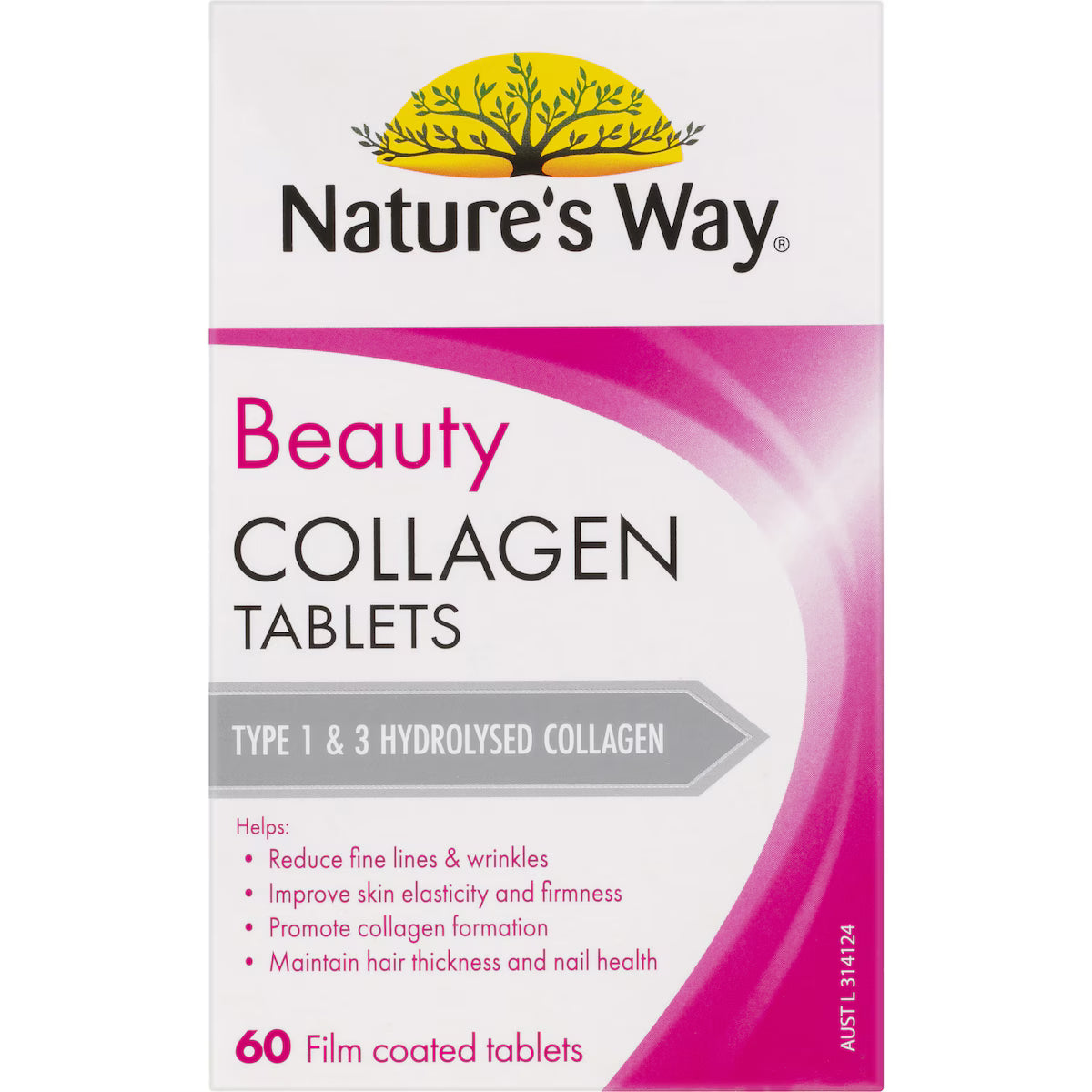 Nature’s Way Beauty Collagen Tablets 60 pack – skin-supporting supplement with hydrolysed collagen for radiant, youthful complexion.