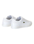 Lacoste Straightset BL I White leather sneaker with quilted collar, mesh lining, and green crocodile branding.