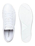Lacoste Straightset BL I White leather sneaker with quilted collar, mesh lining, and green crocodile branding.