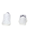 Lacoste Straightset BL I White leather sneaker with quilted collar, mesh lining, and green crocodile branding.
