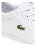 Lacoste Straightset BL I White leather sneaker with quilted collar, mesh lining, and green crocodile branding.