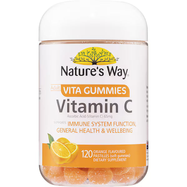 Nature's Way Vitagummies for Adults Vitamin C 120 pack – orange-flavored immune support chewable vitamins in a clear jar.