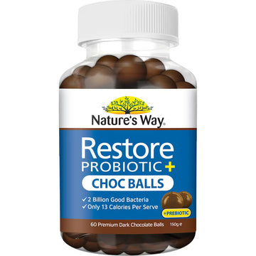 Nature's Way Restore Daily Probiotic Chocballs 60 pack – delicious chocolate probiotic supplement for gut health and digestive balance.