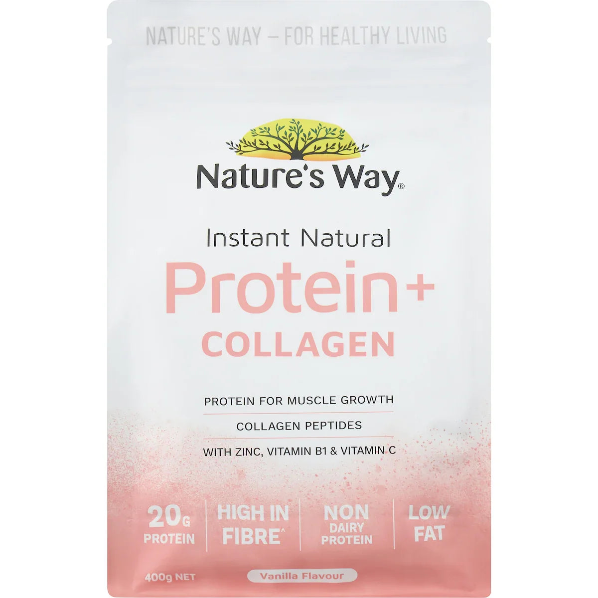 Nature's Way Protein Plus Collagen 400g vanilla protein powder with added collagen peptides for muscle recovery and skin health