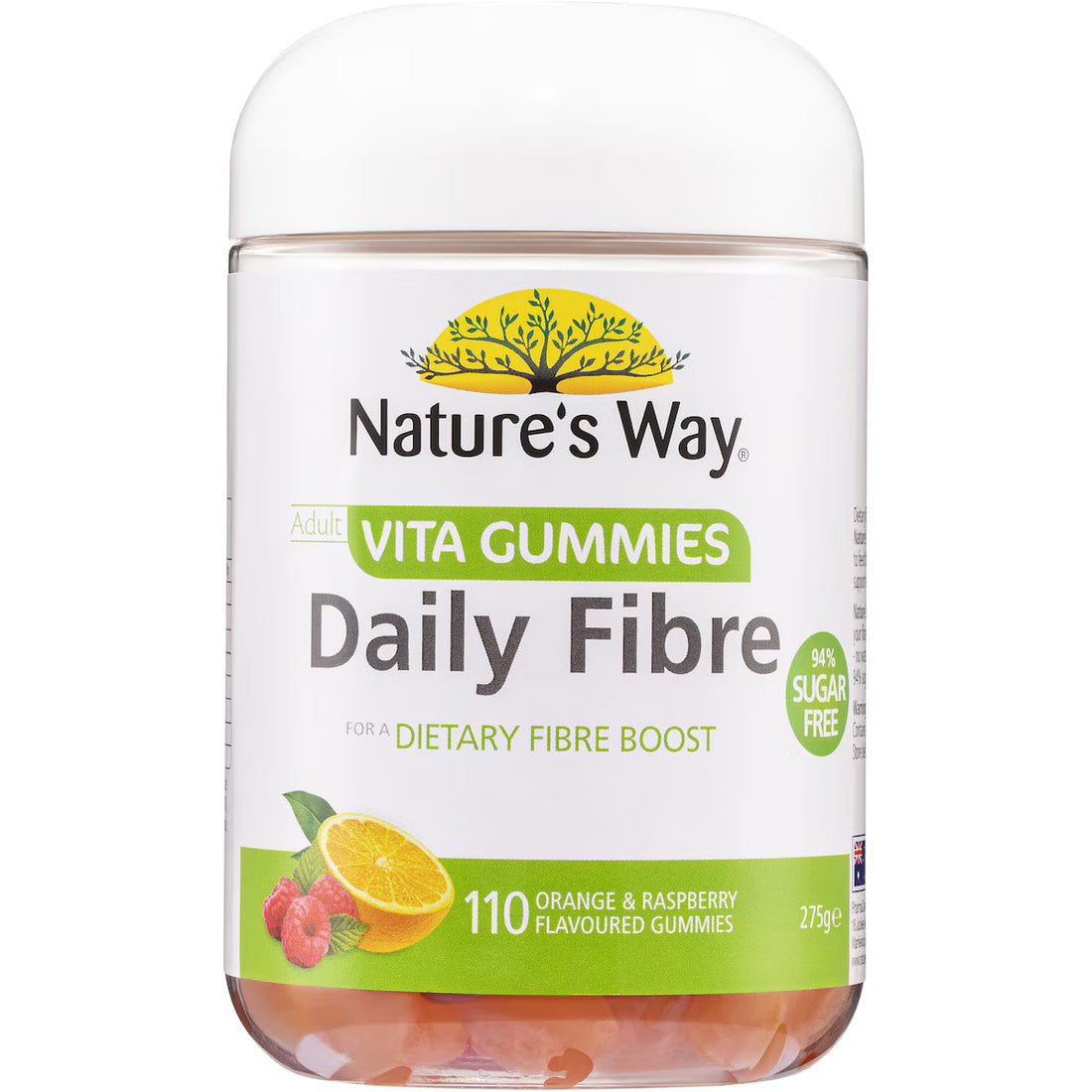 Nature's Way VitaGummies for Adults Daily Fibre 110 pack — orange-flavoured fibre gummies supporting digestive health and regularity, displayed in a clear container with vibrant label.