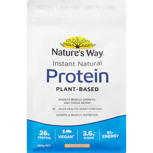 Nature's Way Instant Natural Protein Vanilla Flavour 400g tub with creamy vanilla protein powder and natural ingredients displayed on white background.