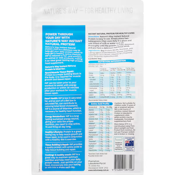 Nature's Way Instant Natural Protein Vanilla Flavour 400g tub with creamy vanilla protein powder and natural ingredients displayed on white background.