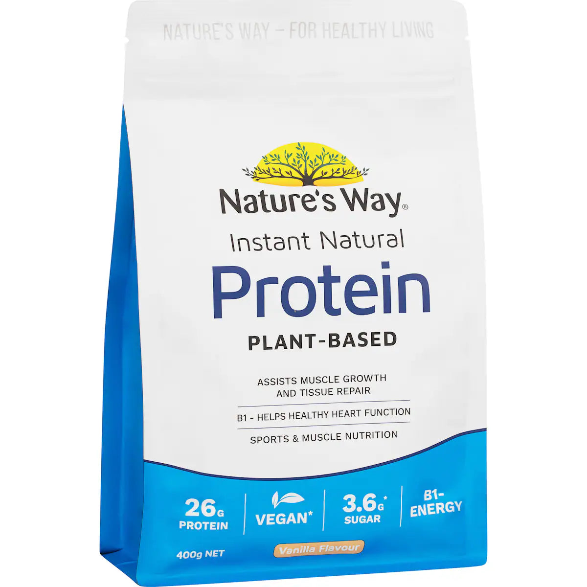 Nature's Way Instant Natural Protein Vanilla Flavour 400g tub with creamy vanilla protein powder and natural ingredients displayed on white background.