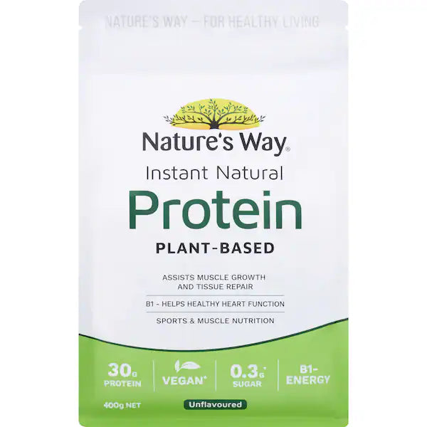 Nature's Way Instant Natural Protein 400g vanilla flavor powder in white container – high-protein, low-fat natural supplement for daily nutrition and muscle recovery.