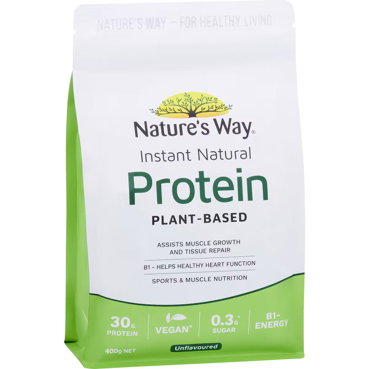 Nature's Way Instant Natural Protein 400g vanilla flavor powder in white container – high-protein, low-fat natural supplement for daily nutrition and muscle recovery.