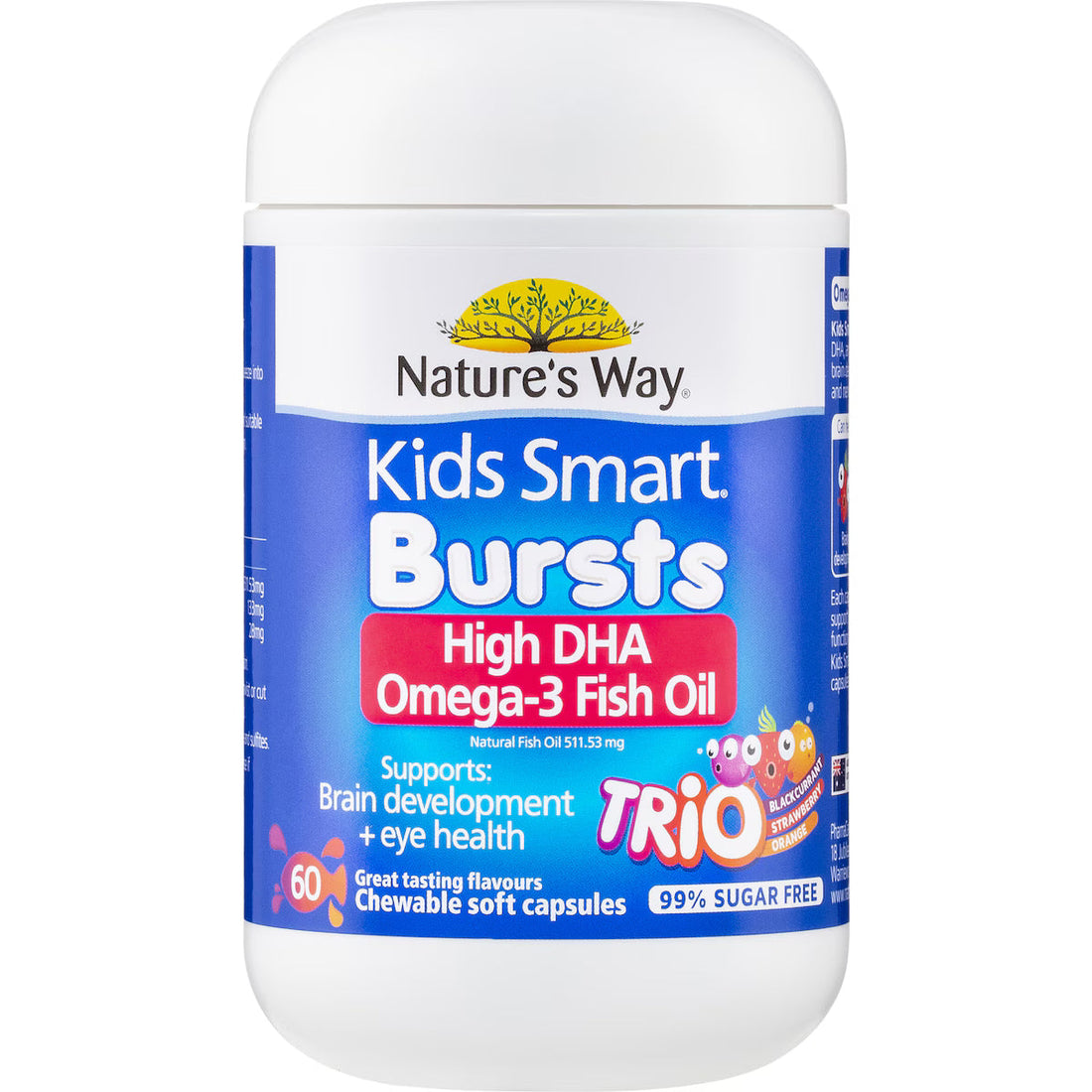 Nature’s Way Kids Omega-3 Fish Oil Smart Trio 60 pack bottle with colorful packaging – children’s chewable supplement promoting brain, eye, and heart health.