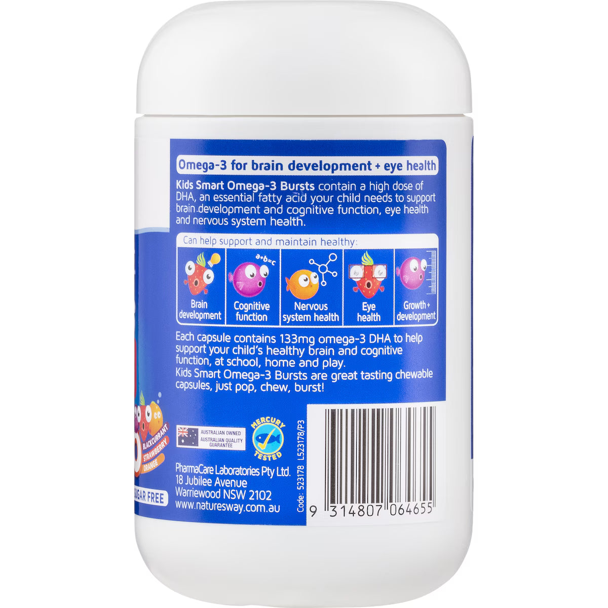 Nature’s Way Kids Omega-3 Fish Oil Smart Trio 60 pack bottle with colorful packaging – children’s chewable supplement promoting brain, eye, and heart health.