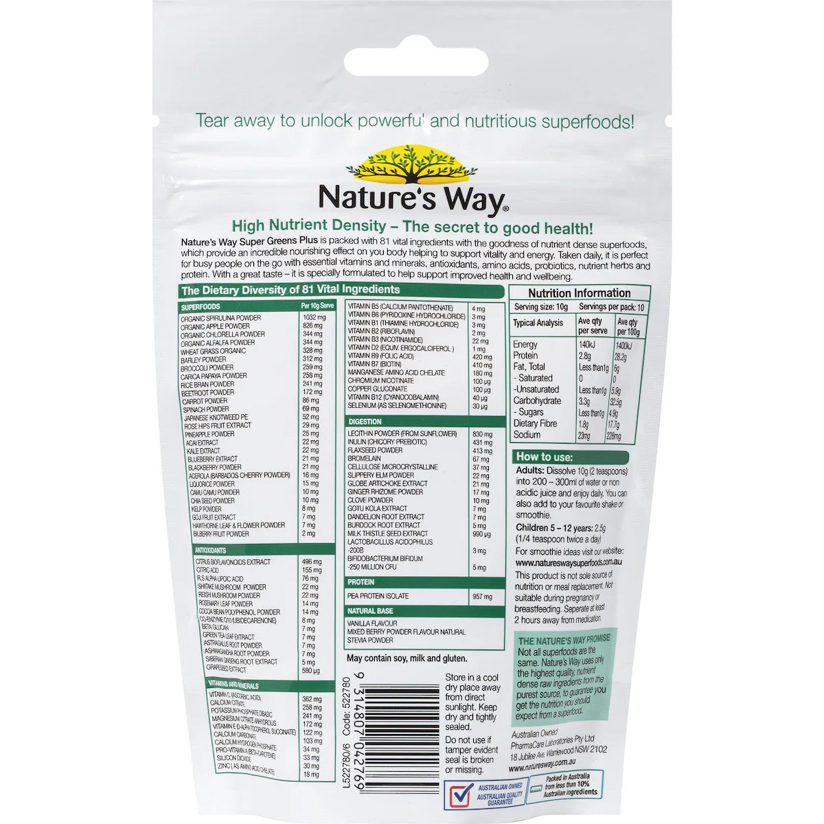 Nature's Way Super Foods Green Boost 100g powder in a green and white pouch, plant-based superfood supplement rich in vitamins and minerals for daily wellness.