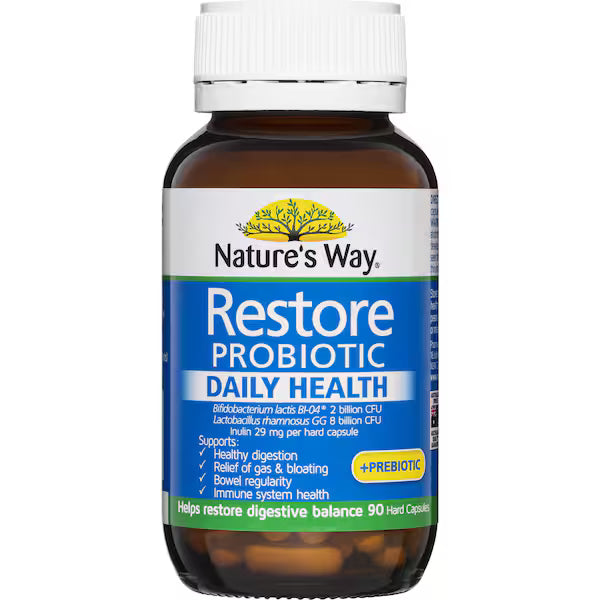 Nature's Way Restore Probiotic Daily Health & Prebiotic 90 pack – premium daily probiotic supplement for gut health and digestive balance support.