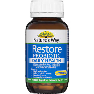 Nature's Way Restore Probiotic Daily Health & Prebiotic 90 pack – premium daily probiotic supplement for gut health and digestive balance support.