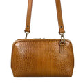 Light brown leather clutch bag with crocodile-style texture, crossbody shoulder strap, and elegant design — LeatherLuxe women’s handbag.