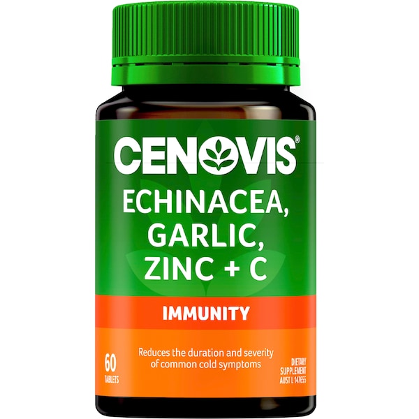 Cenovis Echinacea Garlic Zinc and Vitamin C tablets 60 pack – natural immune support supplement for daily health and wellness.