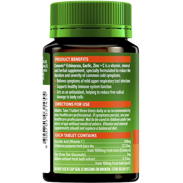 Cenovis Echinacea Garlic Zinc and Vitamin C tablets 60 pack – natural immune support supplement for daily health and wellness.