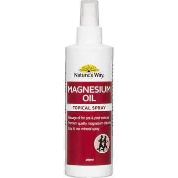Nature's Way Magnesium Oil 250mL spray bottle — natural topical magnesium supplement for muscle relaxation and recovery.
