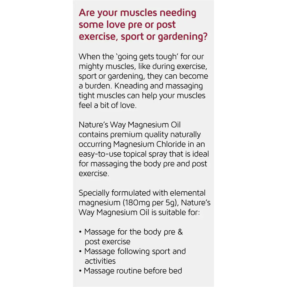 Nature's Way Magnesium Oil 250mL spray bottle — natural topical magnesium supplement for muscle relaxation and recovery.