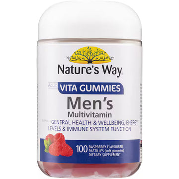 Nature's Way Vitagummies Mens Multivitamin 100 Pack bottle with colorful gummy vitamins, designed for men's health support and packed with essential nutrients for daily wellness.