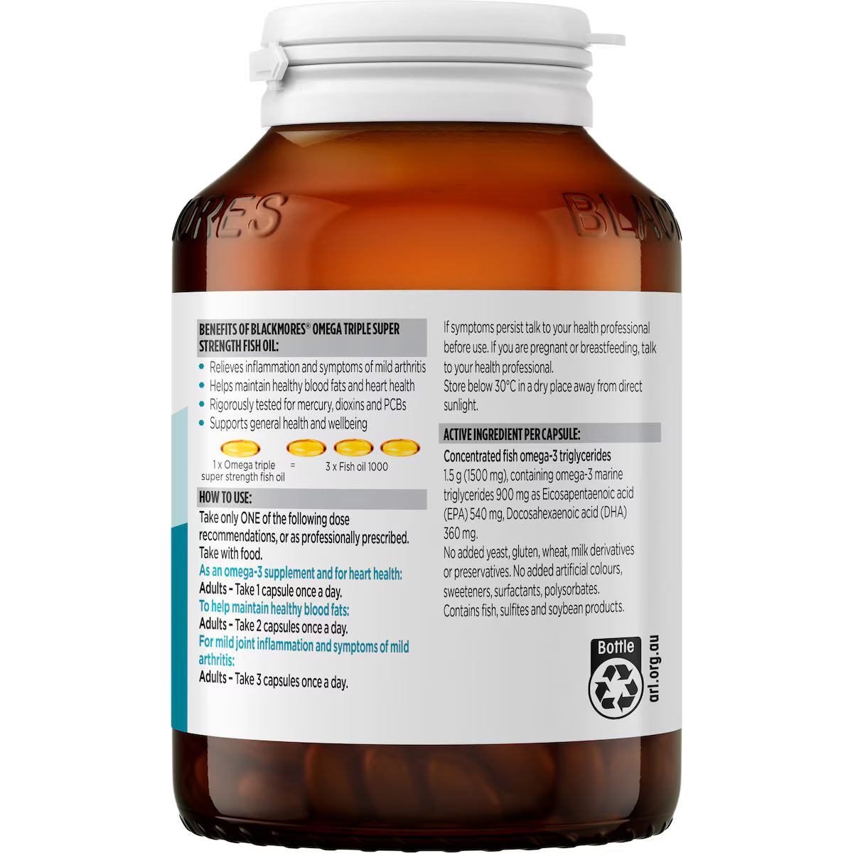 Blackmores Omega Triple High Strength Fish Oil Capsules 60 pack, premium fish oil supplement for heart, brain, and eye health.