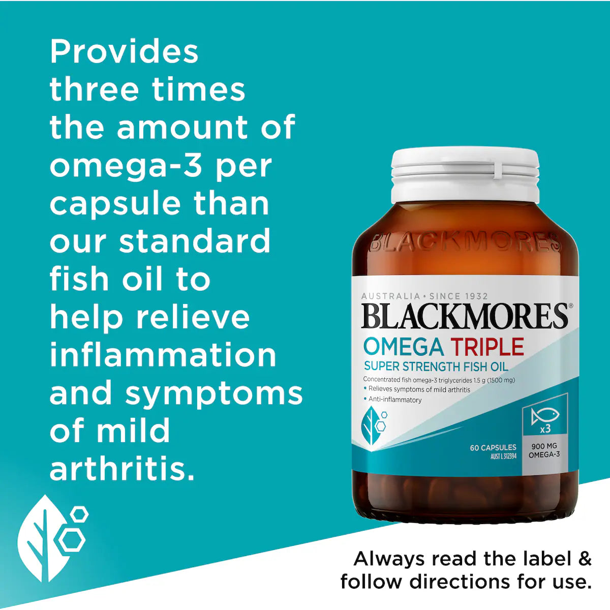 Blackmores Omega Triple High Strength Fish Oil Capsules 60 pack, view 4