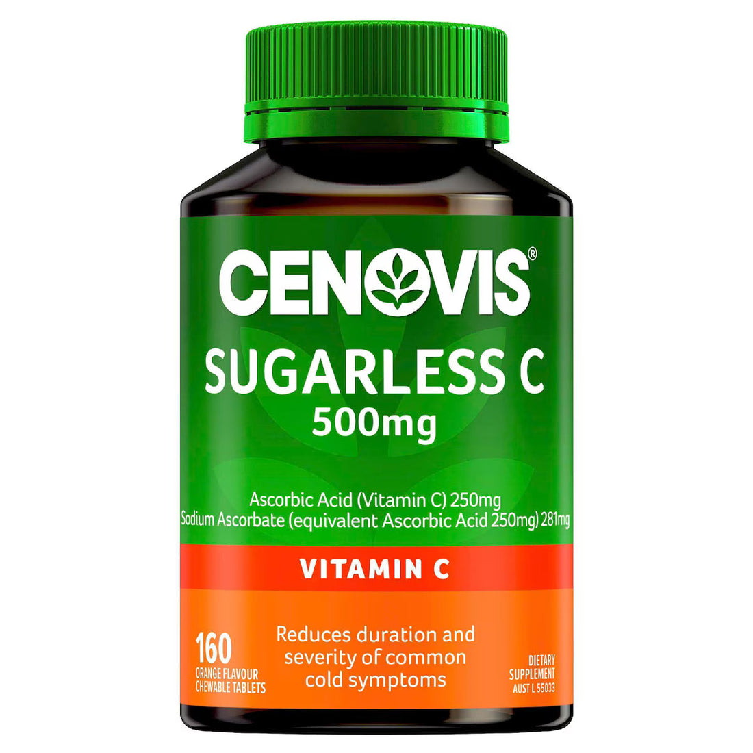 Cenovis Sugarless Vitamin C 500mg Chewable Tablets 160 pack — immune support supplement for daily health, antioxidant protection, and cold defense.
