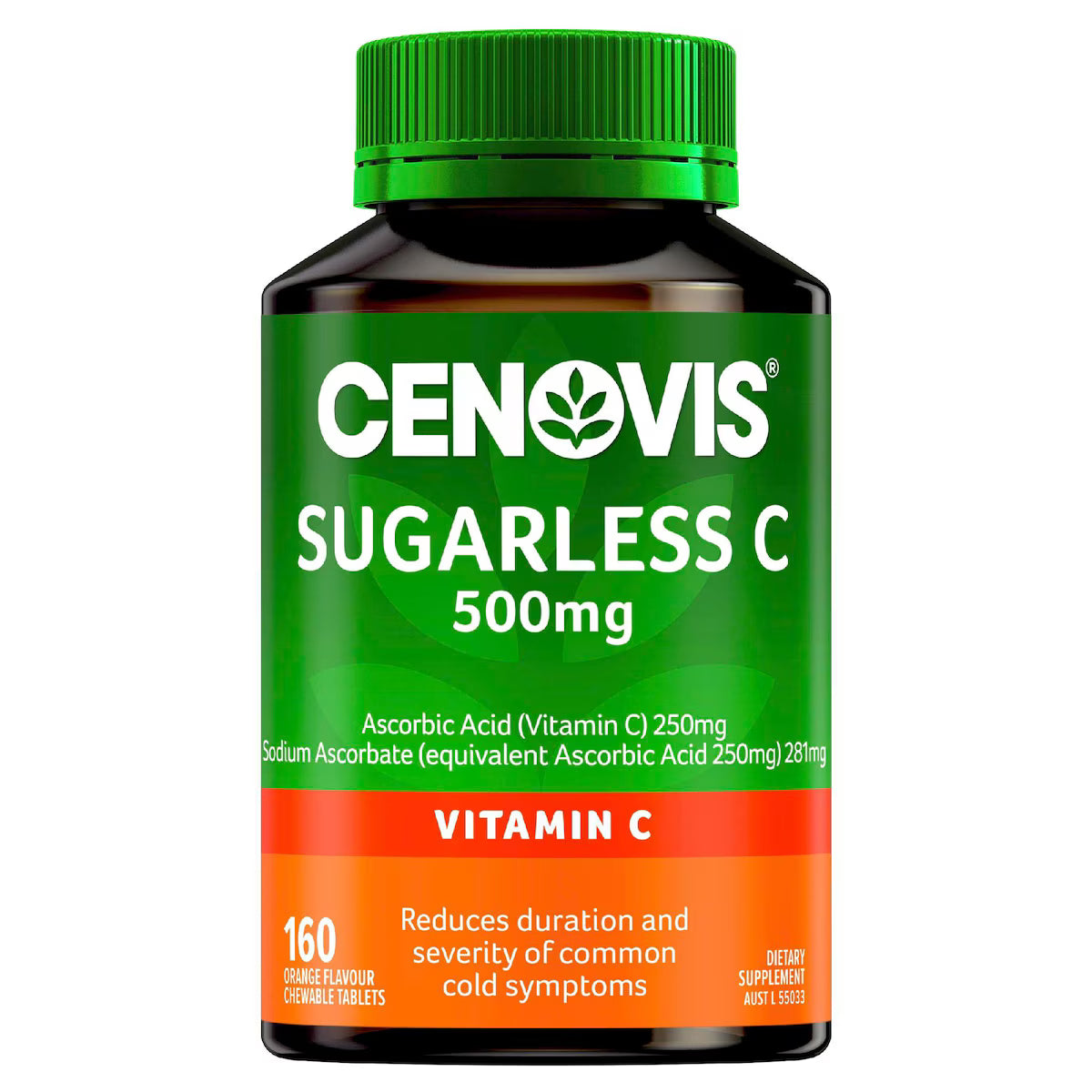 Cenovis Sugarless Vitamin C 500mg Chewable Tablets 160 pack — immune support supplement for daily health, antioxidant protection, and cold defense.