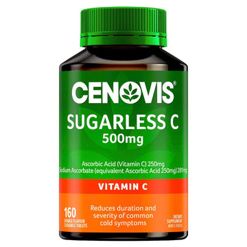 Cenovis Sugarless Vitamin C 500mg Chewable Tablets 160 pack — immune support supplement for daily health, antioxidant protection, and cold defense.