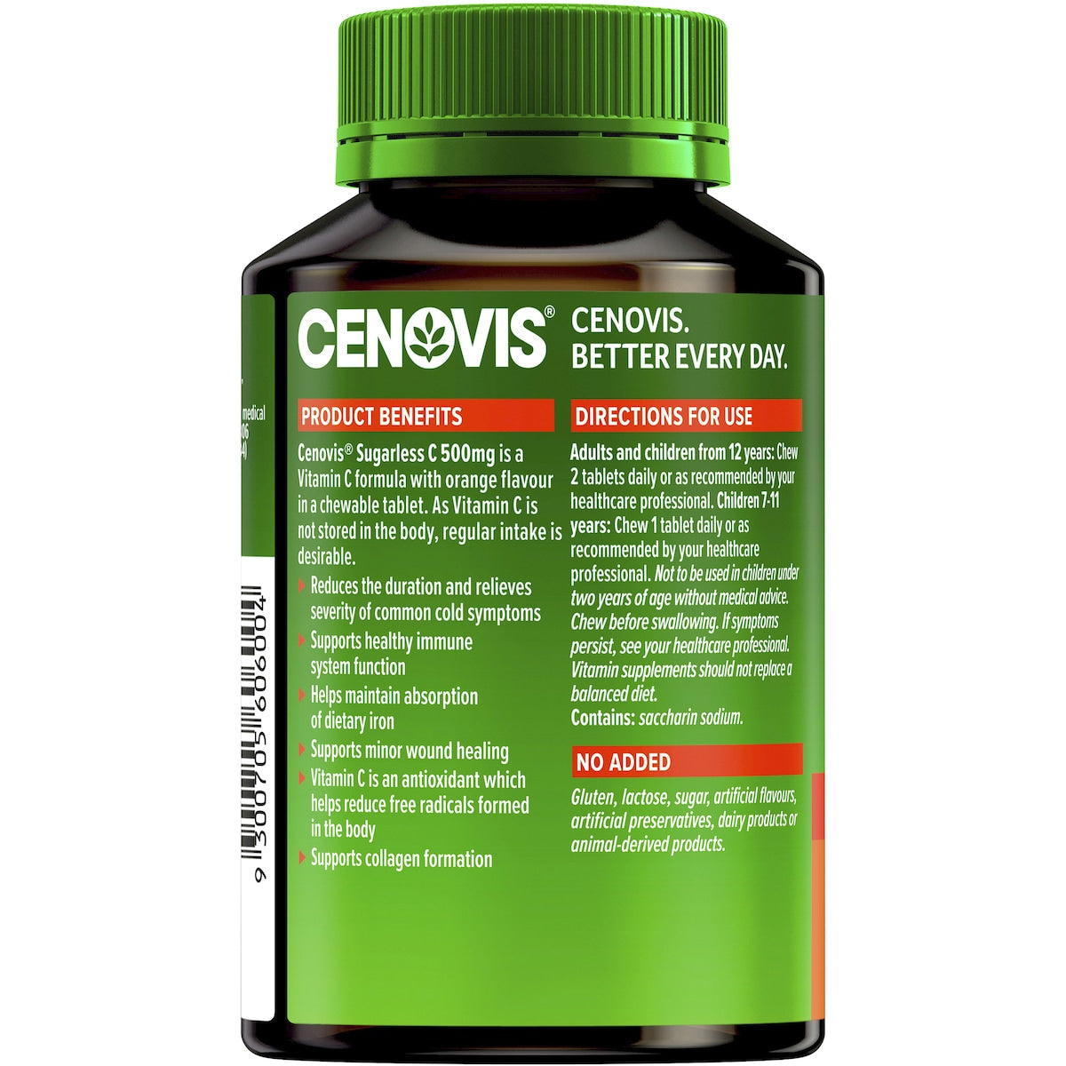 Cenovis Sugarless Vitamin C 500mg Chewable Tablets 160 pack — immune support supplement for daily health, antioxidant protection, and cold defense.