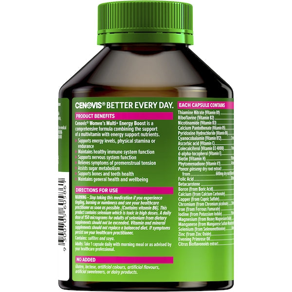 Cenovis Once Daily Women’s Multi + Energy Boost Capsules 100 pack – women’s multivitamin supplement for daily energy, immunity, and vitality support.