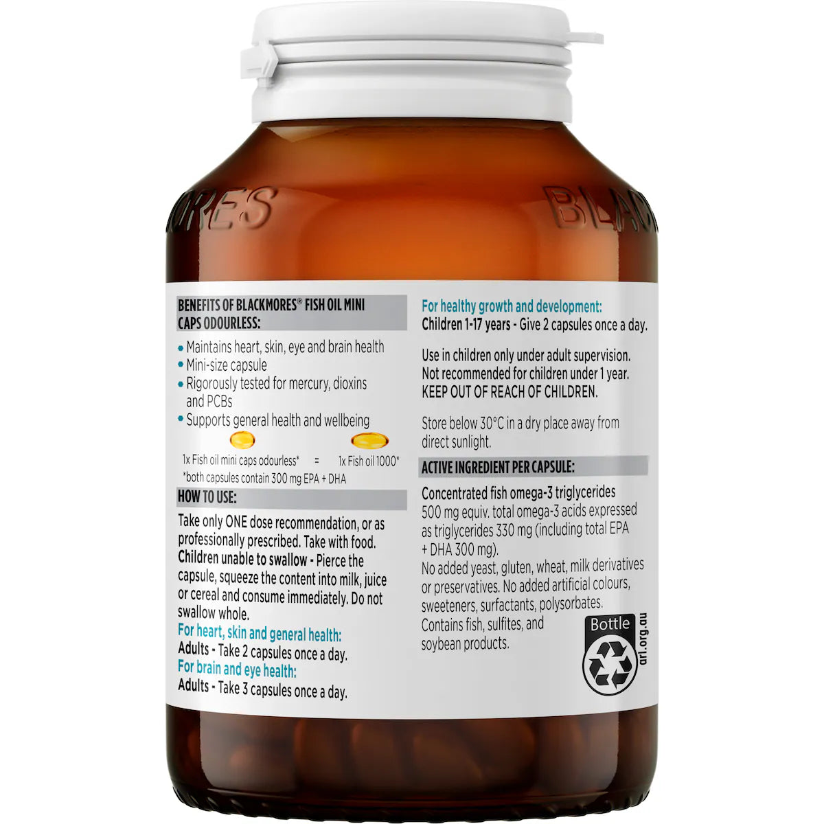 Blackmores Odourless Fish Oil 1000mg Omega-3 Mini Capsules 200 pack, view 3