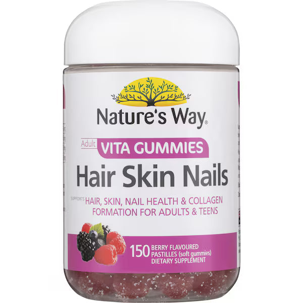 Nature's Way Hair Skin Nails Adult Vita Gummies 150 pack – berry-flavoured vitamin gummies for healthy hair, glowing skin, and strong nails in a clear bottle.
