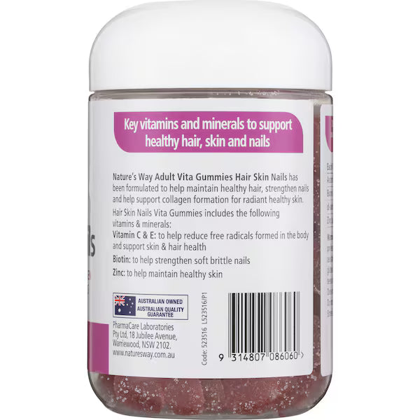 Nature's Way Hair Skin Nails Adult Vita Gummies 150 pack – berry-flavoured vitamin gummies for healthy hair, glowing skin, and strong nails in a clear bottle.