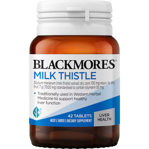 Blackmores Milk Thistle Liver Health Tablets 42 pack, natural supplement for liver support and detoxification.