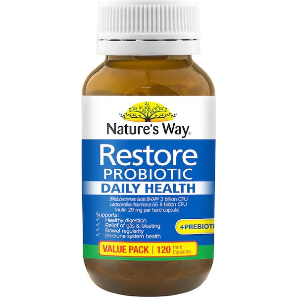 Nature’s Way Restore Probiotic Daily Health Hard Capsules 120 pack – premium probiotic supplement supporting gut health, digestive balance, and immune wellbeing.