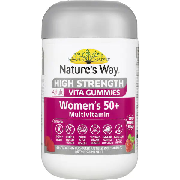 Nature's Way Women's 50+ Multivitamin Adult Vita Gummies 60 pack, a bottle containing 60 chewable gummies for women over 50, designed to support overall health and wellness with essential vitamins and minerals.