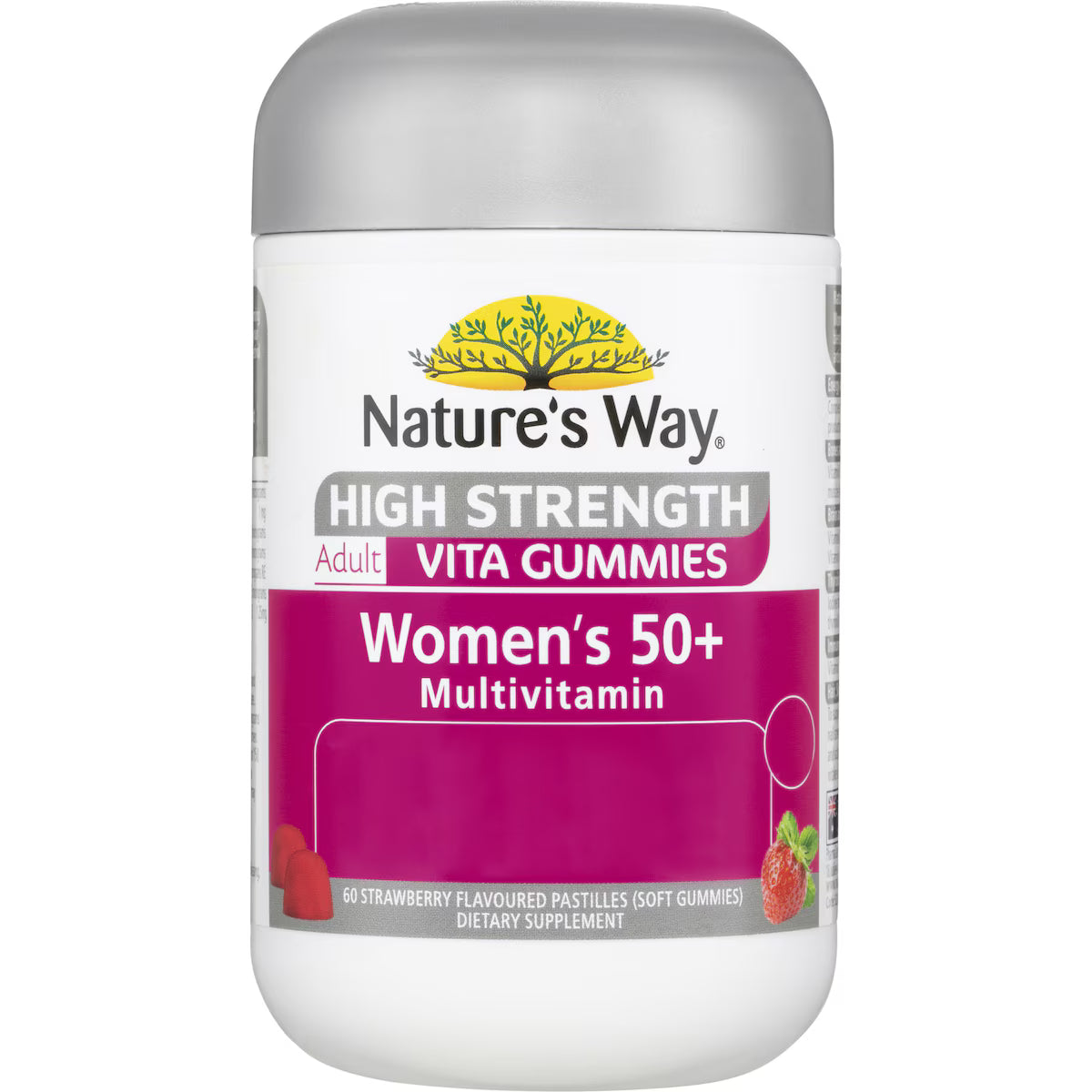 Nature's Way Women's 50+ Multivitamin Adult Vita Gummies 60 pack, a bottle containing 60 chewable gummies for women over 50, designed to support overall health and wellness with essential vitamins and minerals.