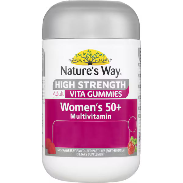Nature's Way Women's 50+ Multivitamin Adult Vita Gummies 60 pack, a dietary supplement for women over 50, featuring gummy vitamins with essential nutrients like vitamins A, C, D, and E, to support health, energy, and immunity.