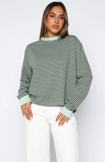 Touchdown Long Sleeve Tee Green Stripe | Women's Striped Top