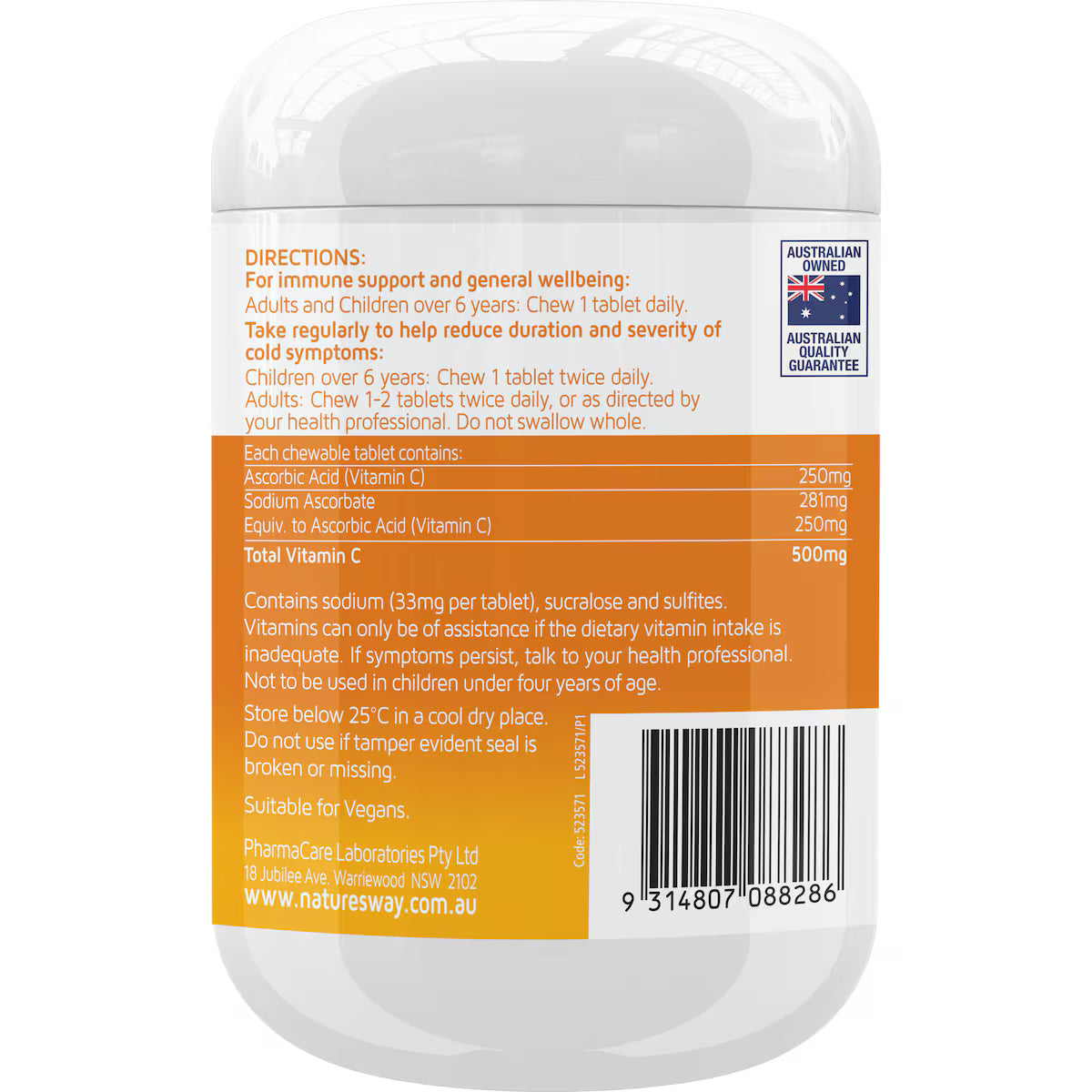 Nature's Way Vitamin C 500mg Chewable Tablets 320 Pack - Boosts Immunity and Supports Healthy Skin