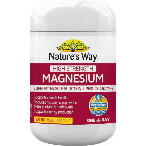 Nature's Way High Strength Magnesium Coated Tablets 250 Pack – premium magnesium supplement supporting muscle health, energy production, and overall wellbeing in convenient coated tablet form.