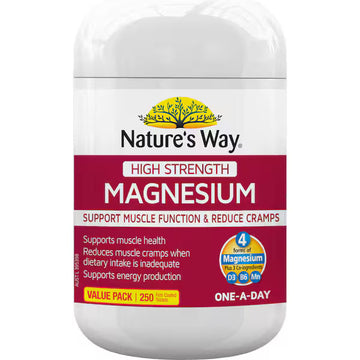 Nature's Way High Strength Magnesium Coated Tablets 250 Pack – premium magnesium supplement supporting muscle health, energy production, and overall wellbeing in convenient coated tablet form.