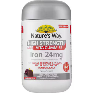 Nature's Way Adult Vita Gummies 24mg Iron Grape Flavour 30 pack bottle of iron gummies with grape flavor, nutritional supplement for adults, energy and vitality support.