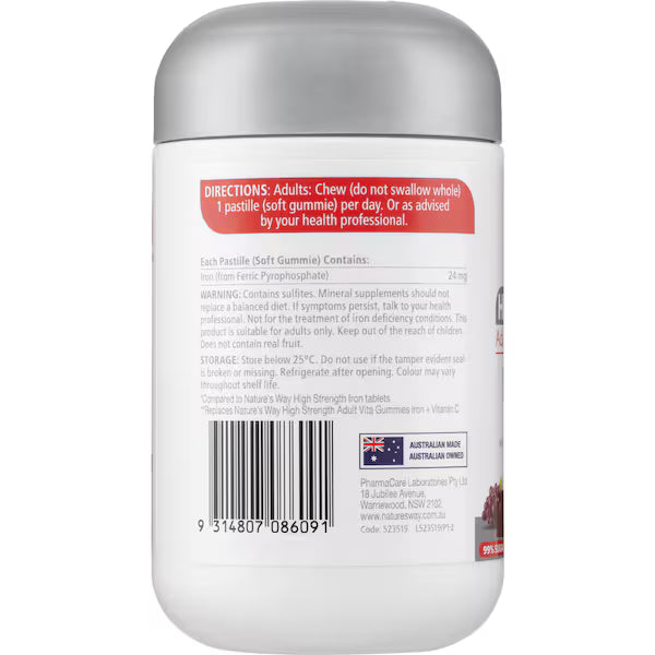 Nature's Way Adult Vita Gummies 24mg Iron Grape Flavour 30 pack bottle of iron gummies with grape flavor, nutritional supplement for adults, energy and vitality support.