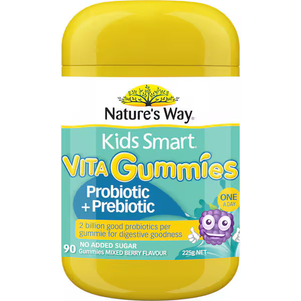 Nature's Way Kids Smart Vita Gummies Probiotic & Prebiotic 90 Pack — children’s chewable vitamins supporting gut health and immune system with natural fruit flavour.