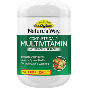 Nature's Way Daily Multivitamin with Antioxidants Coated Tablets, 250-pack, providing essential vitamins and antioxidants for overall health and wellness.