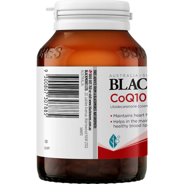 Blackmores CoQ10 150mg Heart & Blood Lipid Health Capsules 90 pack bottle on white background — dietary supplement supporting cardiovascular health and energy production.
