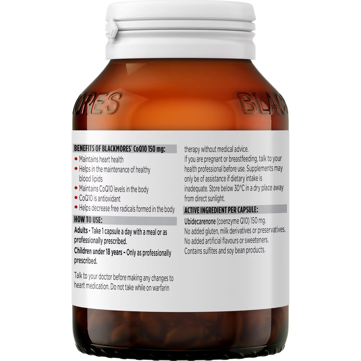 Blackmores CoQ10 150mg Heart & Blood Lipid Health Capsules 90 pack, view 3